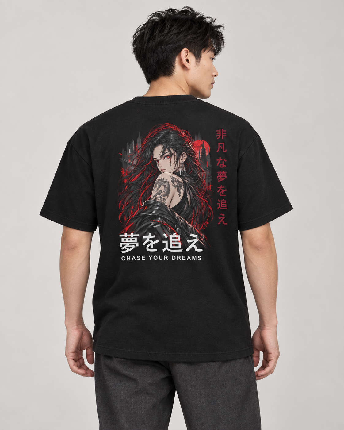 AI model mockup of CY01 Bigger Vision Tee — back