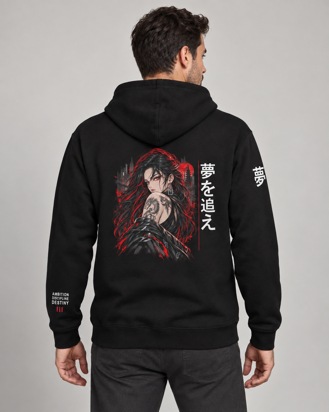 AI model mockup of CY04 Built Different Hoodie — back