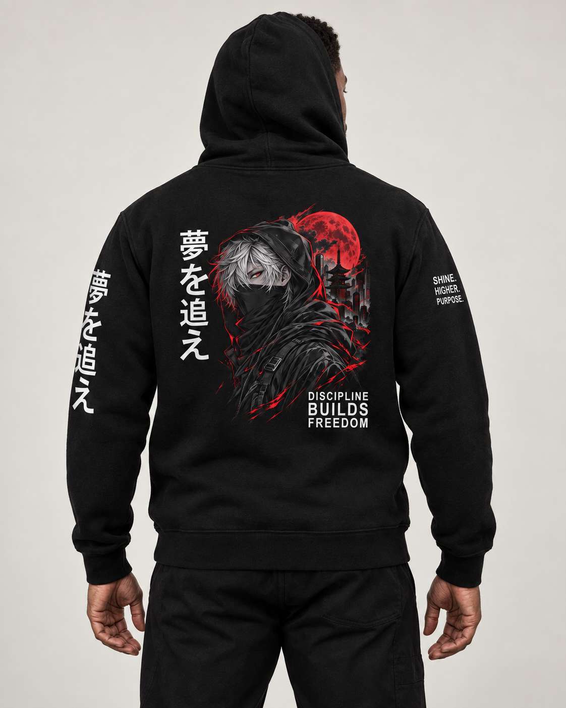 AI model mockup of CY05 Two Sides Zip Hoodie — back