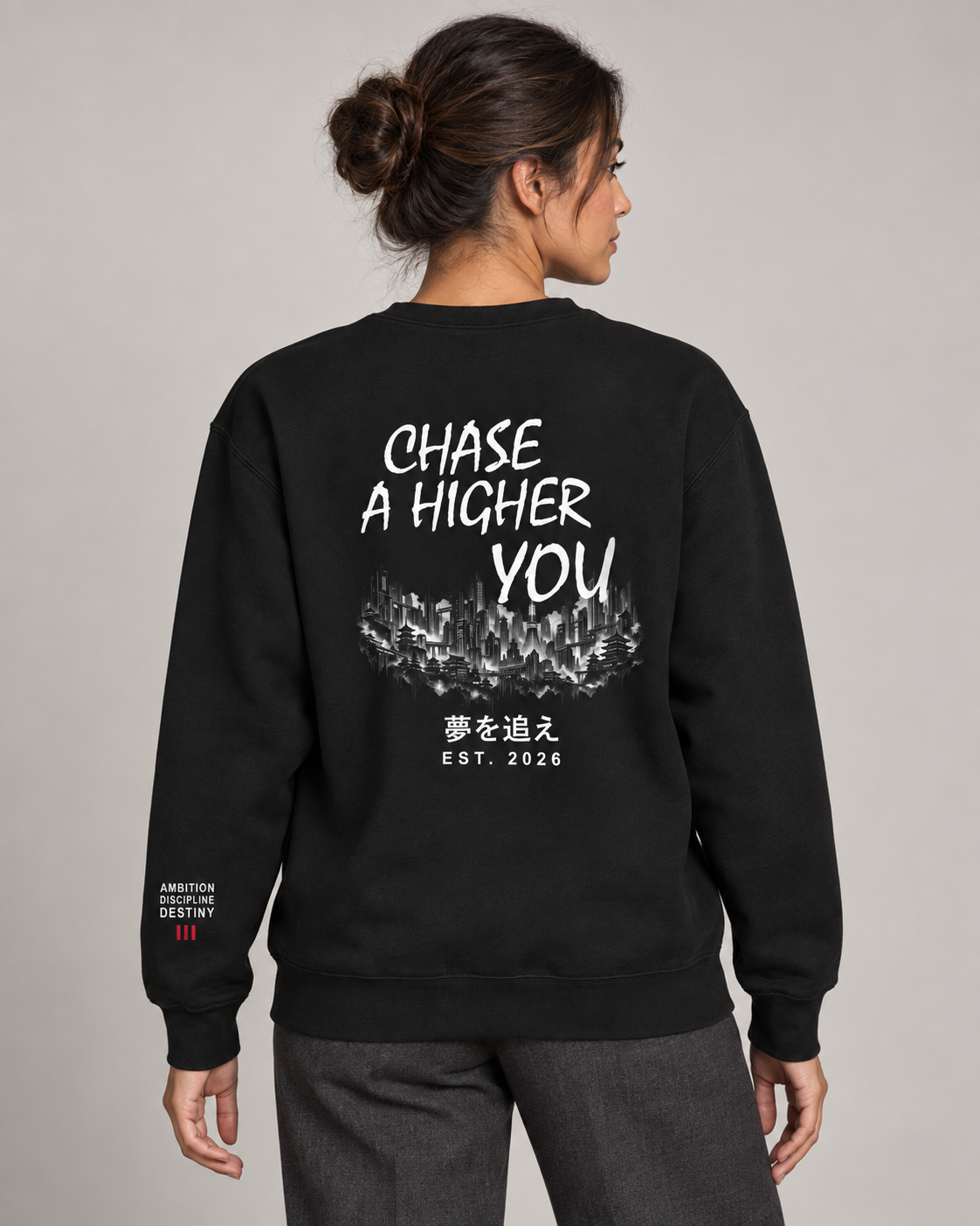 AI model mockup of CY06 Everyday Discipline Crew — back