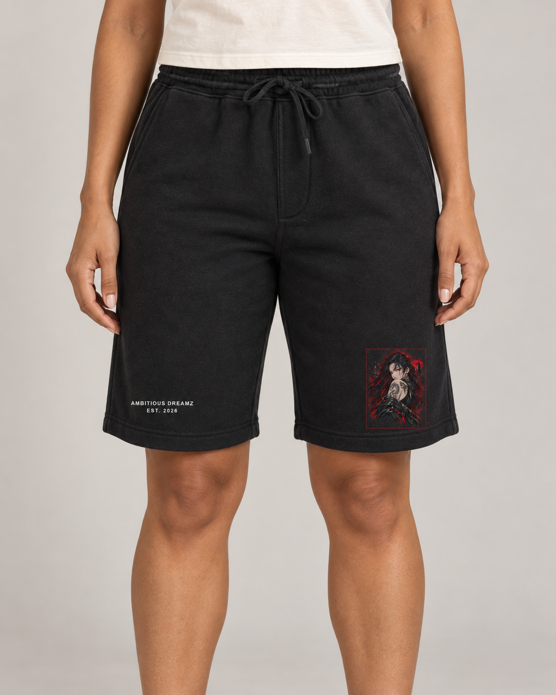 AI model mockup of CY08 Same Grind Shorts